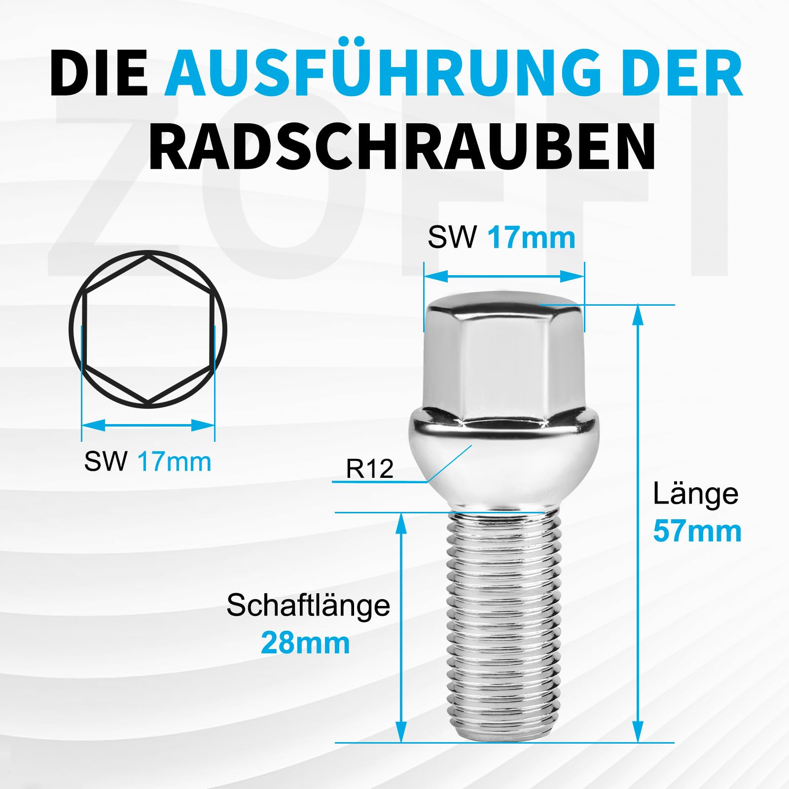 Radschrauben M14x1,5 Ersatz für VW Golf Passat CC für Audi A4 A6, 20 Stück Kugel R12 Kugelbund SW17 Schaftlänge 28mm