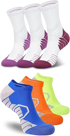Hylaea 6 Pairs Running Socks for Men, Coolmax Anti-Blister Cushion Socks for Athletic, Padded Moisture Wicking & Seamless Size M Red & Green Blue Orange