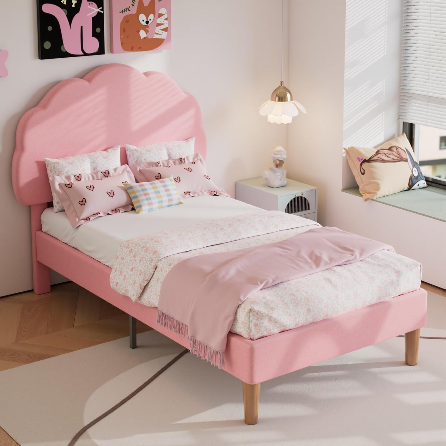 VECELO Twin Size Bed Frame, Upholstered Platform Bedframe with Height Adjustable Plush Fabric Headboard, Strong Wood Slat Supports, No Box Spring Needed, Pink
