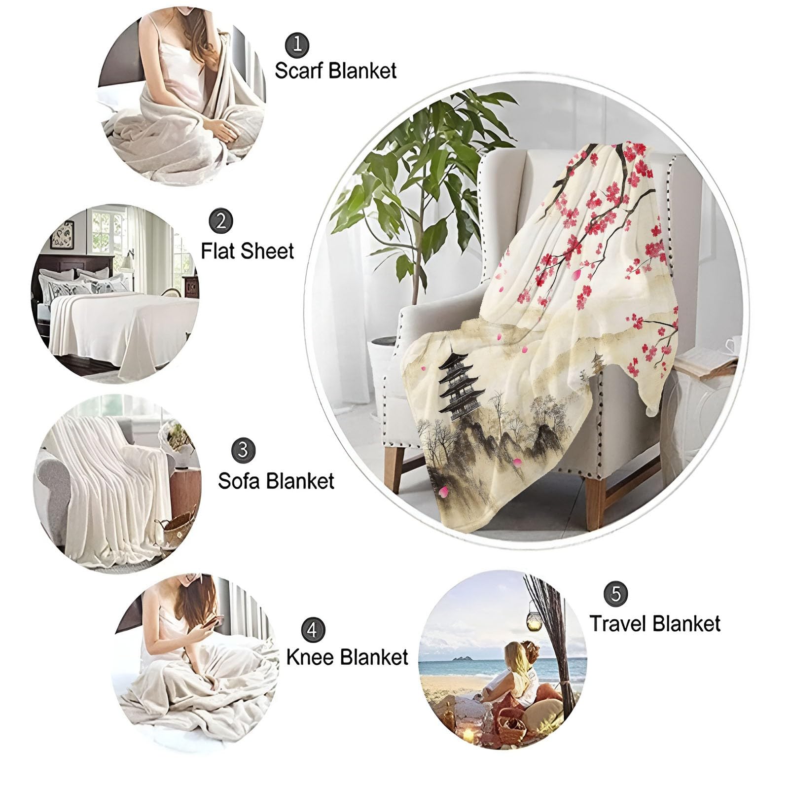 3D Couvertures Polaire Brun Flanelle Couverture Polaire Style Japonais Montagnes Pagode Fleurs De Cerisier pour Adultes Enfants Rester Chaud en Hiver Couverture en Peluche Canapé-lit 180 x 220 cm