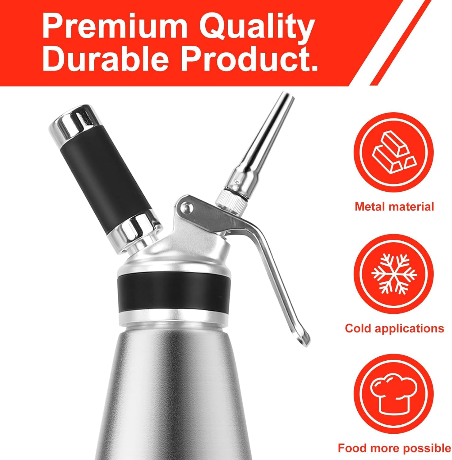 1000 mL / 2 Pintes siphon à chantilly, siphon à crème en aluminium avec 5 douilles en acier inoxydable, 3 buses en plastique et 1 brosse de nettoyage, pour décoration gâteaux d'anniversaire pâtisserie