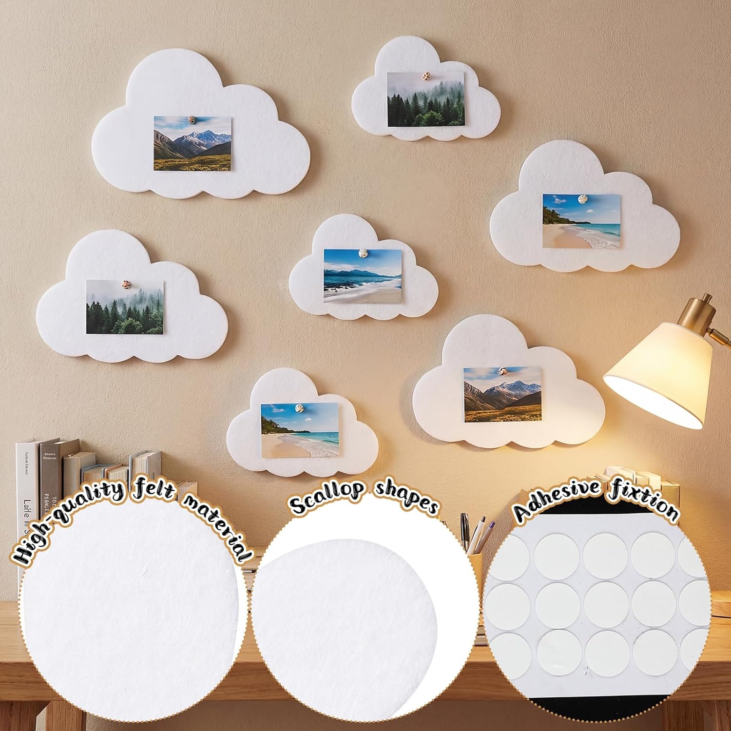 12 Pcs Cloud Felt Wall Decor Self-Adhesive Felt Bulletin Board 10" 9" 7" for Nursery Boho Aesthetic Room Decor Pin Board Wall Hanging for Bedroom Dorm Classroom Playroom