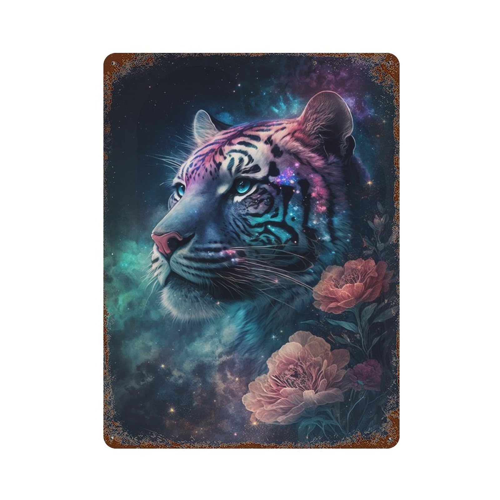 Garage Style Galactic Tiger Portrait-5 Distressed Metal Wall Sign 15.7"x11.8", Farmhouse Wall Decor for Bar And Workshop