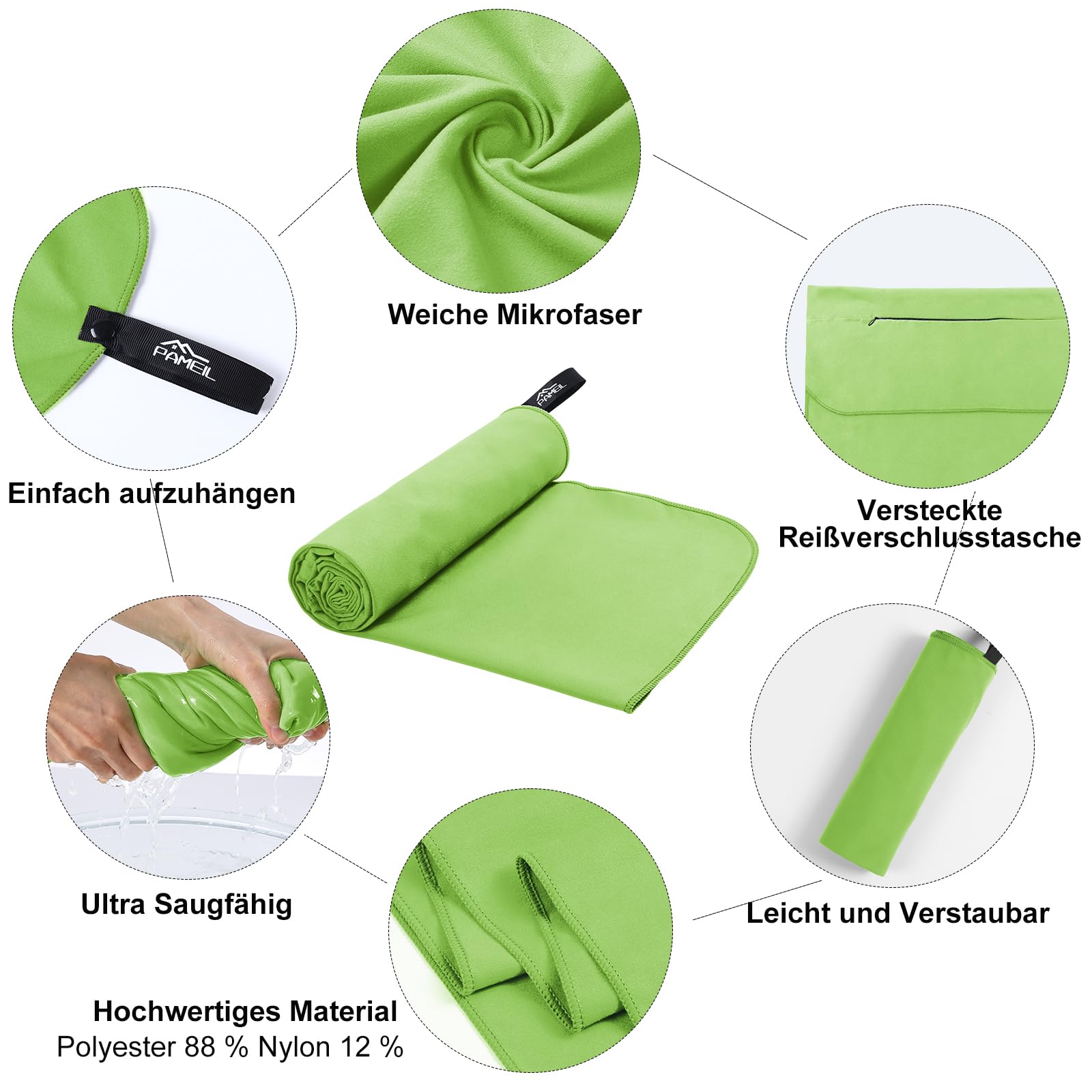 Pameil Asciugamano Microfibra, 120x50cm Asciugamano Palestra, Leggero & Assorbente Telo Palestra Microfibra Con Tasca Con Cerniera per Viaggi, Spiaggia, Yoga, Sauna