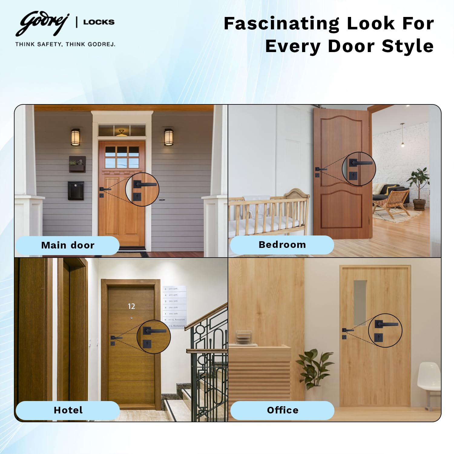 Godrej Mortise Lock | Handle Lock Set for Main & Internal Doors | NEH 20 Home Décor Handle | Matte Black Finish | 9 Inch Lockbody | 70mm 1CK Cylinder Knob from Inside Key Outside | 3 Keys 4
