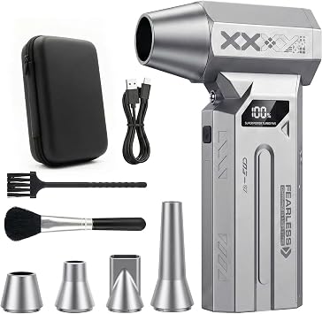 Compressed Air Duster, 120000RPM Cordless Electric Air Duster with LED Light, 4-Speed Rechargeable Air Blower with 4 Nozzles & 2 Brushes for Keyboard, PC, Car, Home and Tight-Space Cleaning