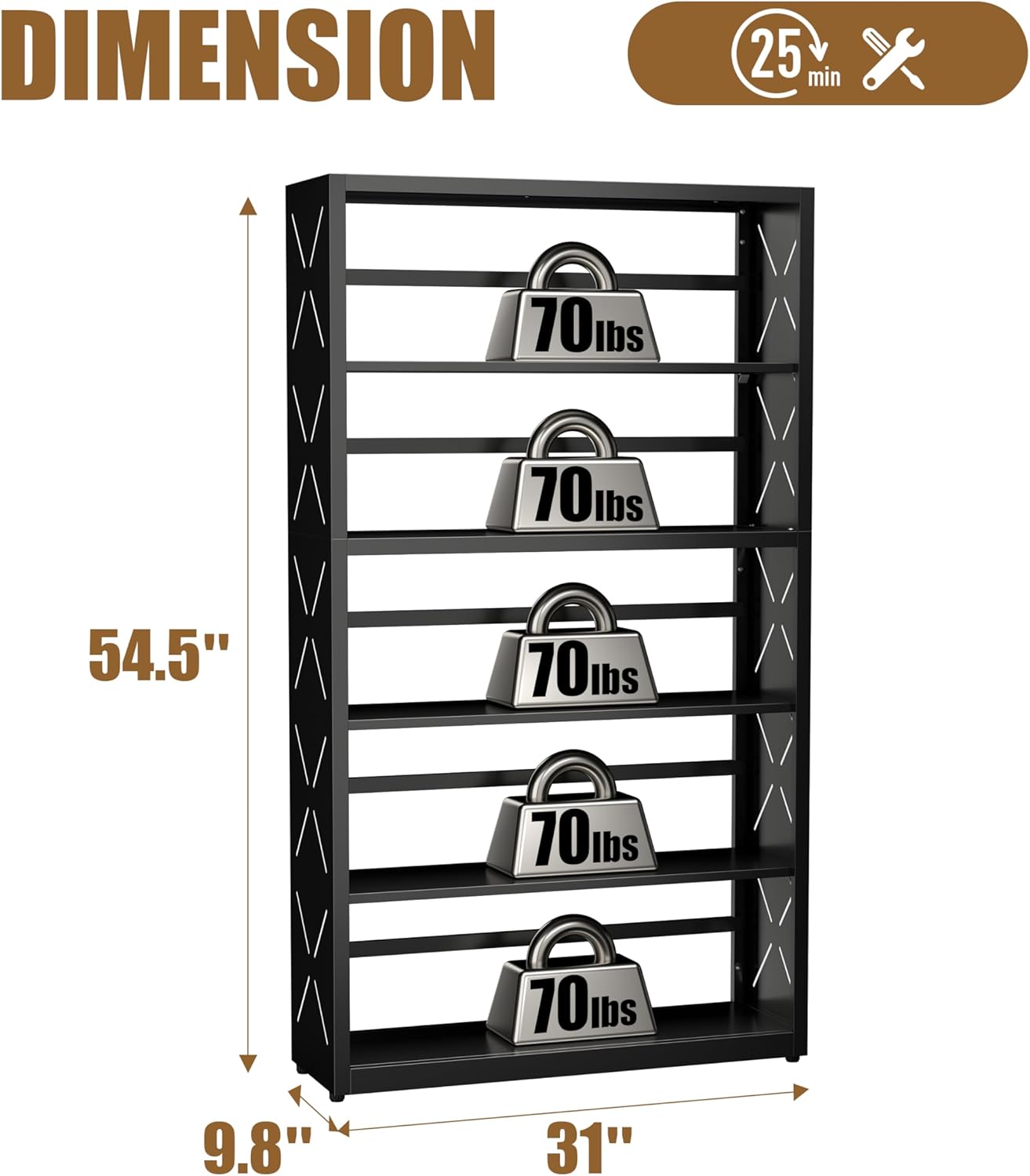 5 Tier Bookshelf, 55"Tall Metal Bookcase with Adjustable Shelves, Modern Display Book Shelf, Black Bookcase Shelf, Utility Shelf, Storage Shelves for Office, Living Room, Kitchen, Study-31"W