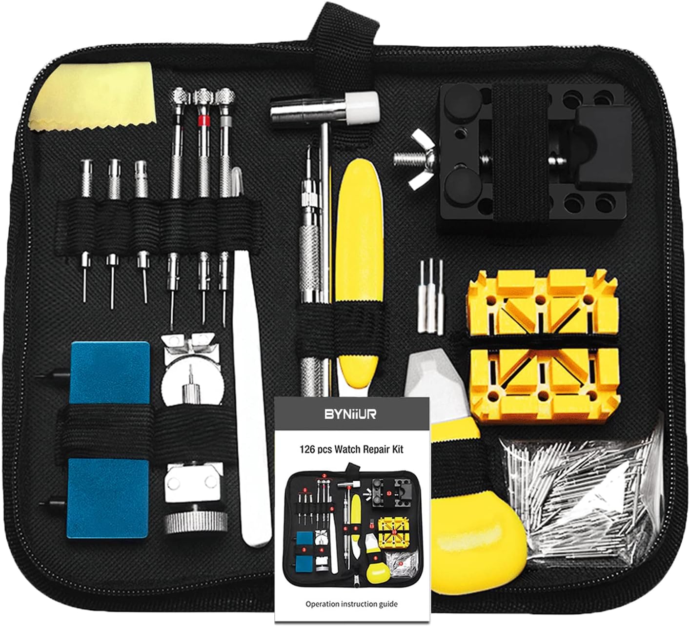 BYNIIUR Watch Repair Tool Kit, Watch Band Link Tool Set 127 Pcs Watch Case Opener Spring Bar with Carrying Bag, Replace Watch Battery Helper Multi Functional Tools with User Manual for Beginner
