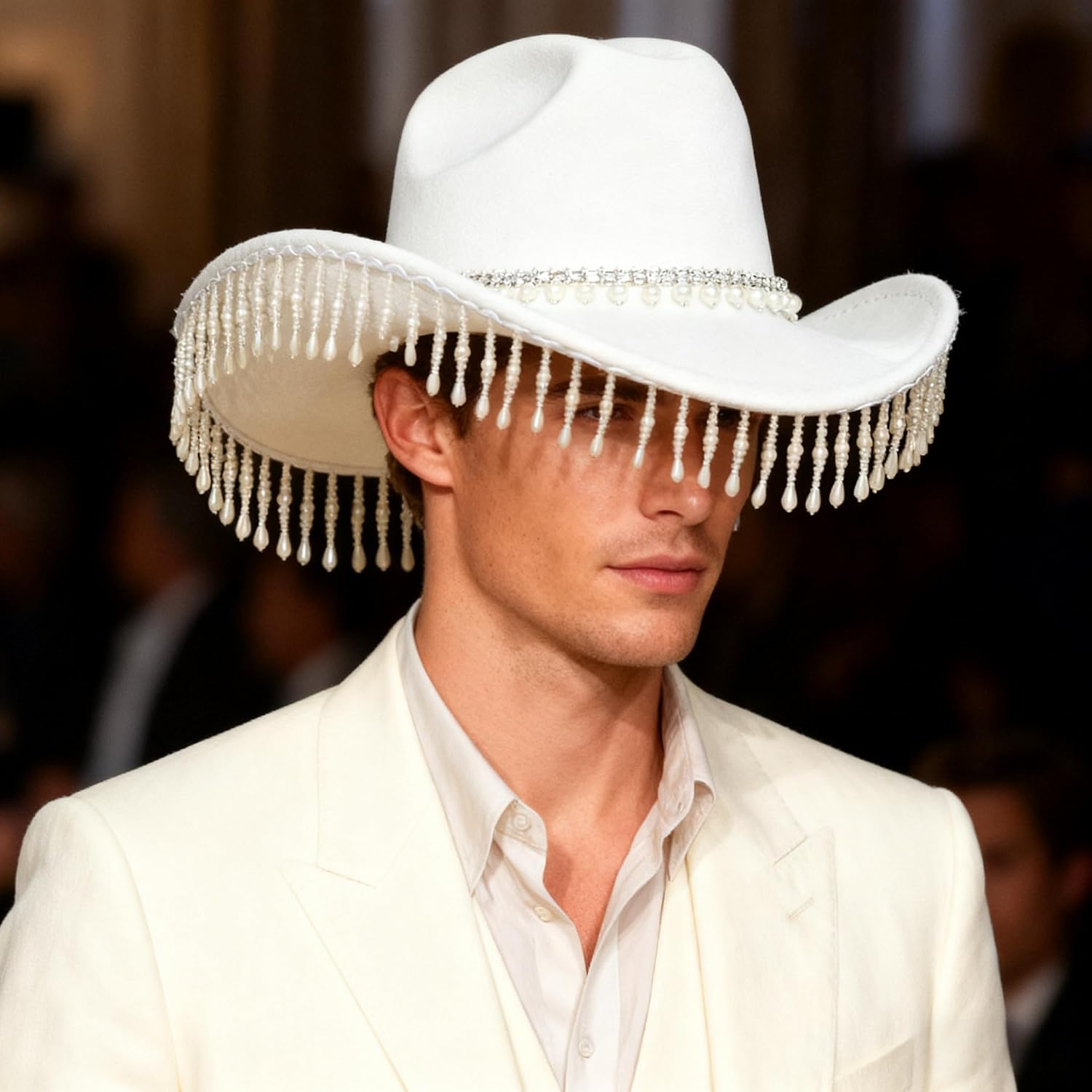 Pearl Embellished Cowboy Hat with Crystal Tassels Hand Beading Carnival Music Festival Hat Gift Box