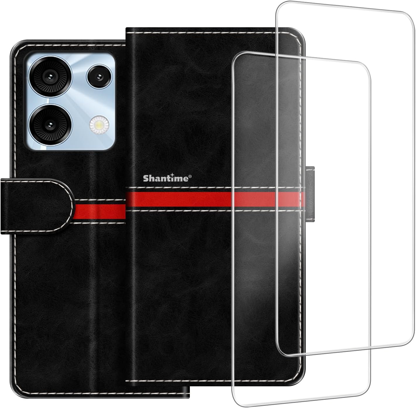 Colorblock Stripe PU Leather Wallet Case + 2-Pack Tempered Glass Screen Protector Compatible with Umidigi G9 5G, Slim Durable Cover, Card Slots, Full Protection (Black)