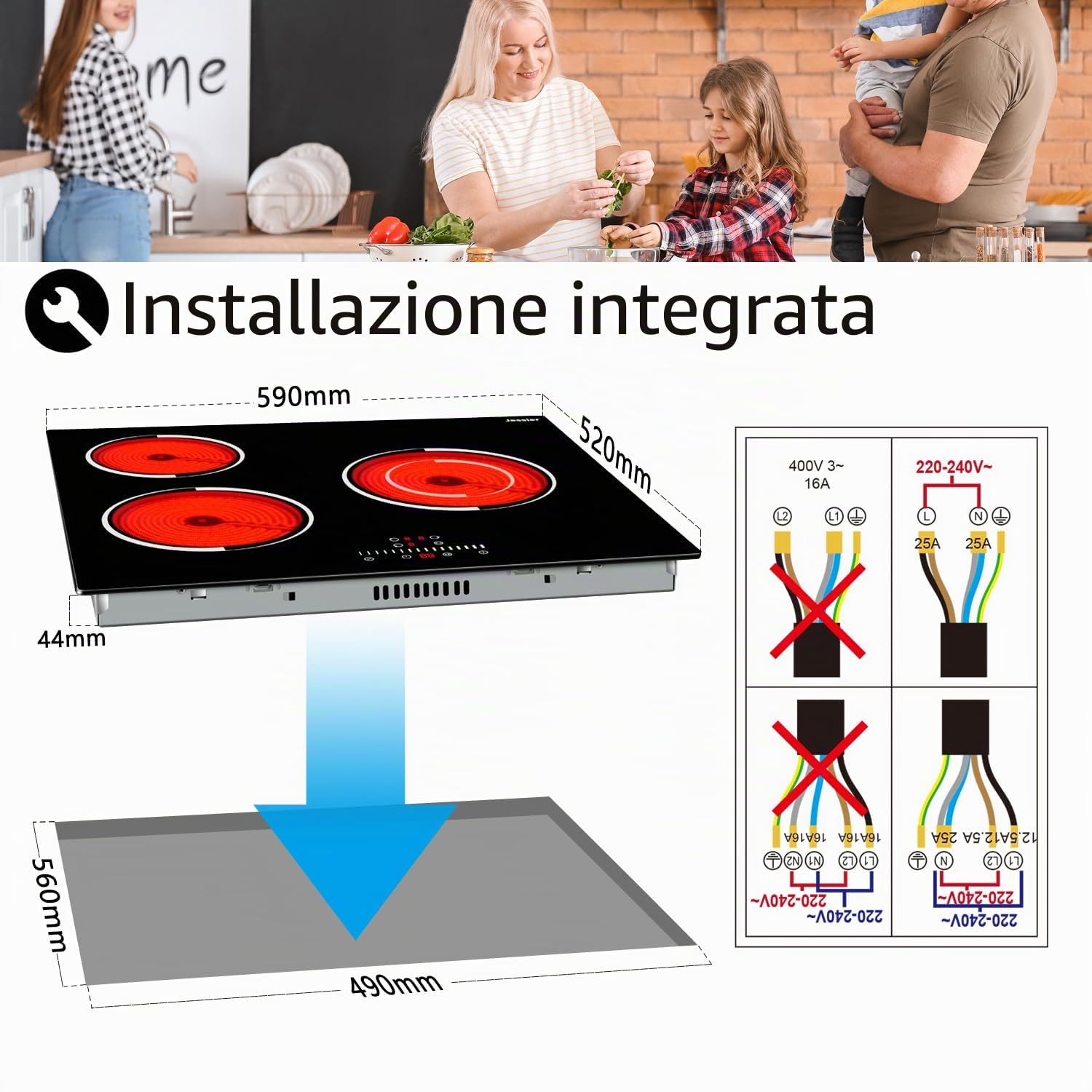 Piano Cottura Vetroceramica 3 Fuochi Incasso 5200W, Jessier Piastra Cottura Elettrico 9 Livelli Potenza, Funzione di Pausa, Timer, Controllo Touch, Serratura per Bambini, Nero (Nessuna Spina)