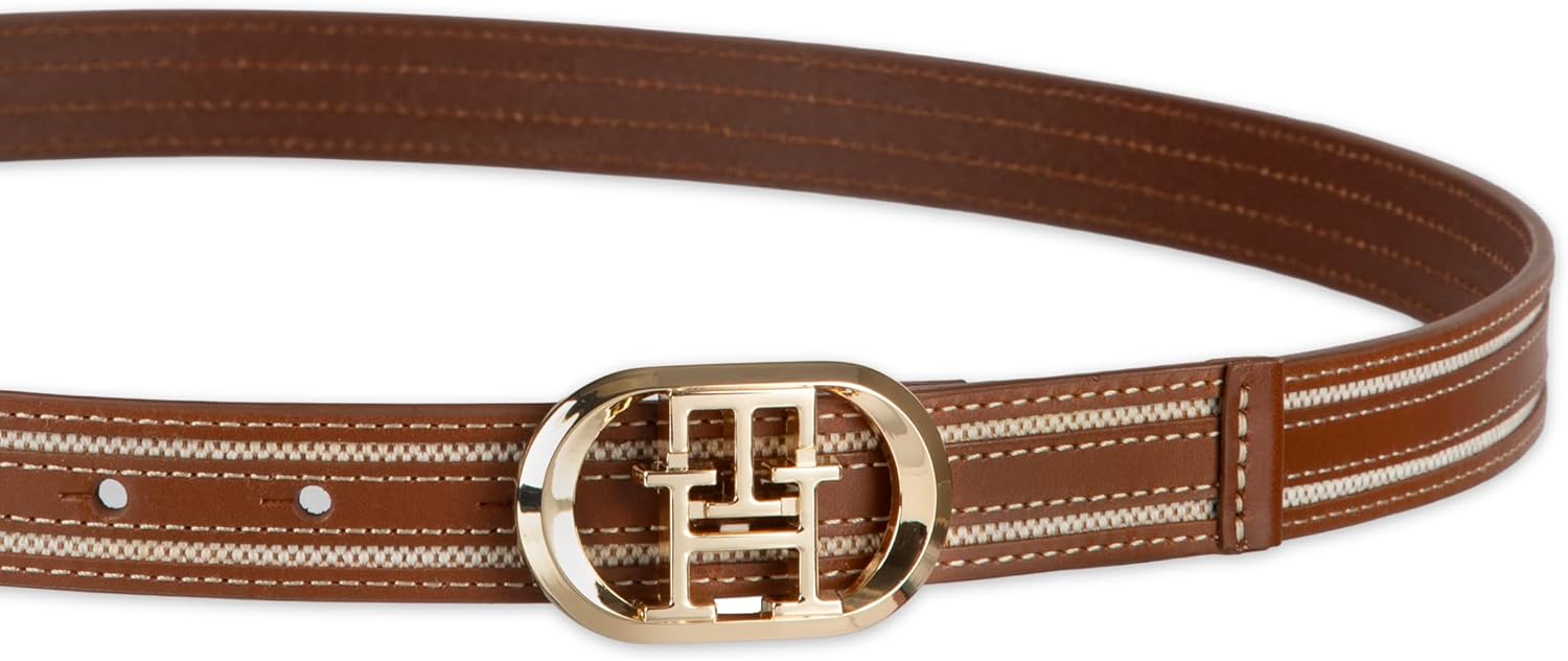 Tommy Hilfiger womens TH Monogram Rounded Plaque Buckle Skinny 1" Fashion Belt Black Pieced Canvas