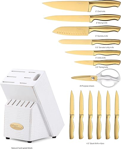 Miniatura 6 de KYA23 - Juego de cuchillos de titanio dorado con soporte acrílico + Marco Almond MA21 juego de cuchillos dorados de 14 piezas