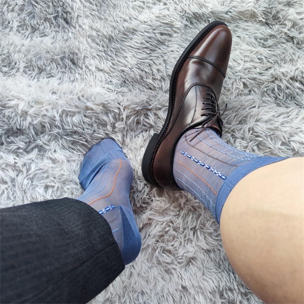 Men's Super Thin Business Dress Socks with Antislip Elastic Cuffs Soft Nylon Sheer Pattern Stockings