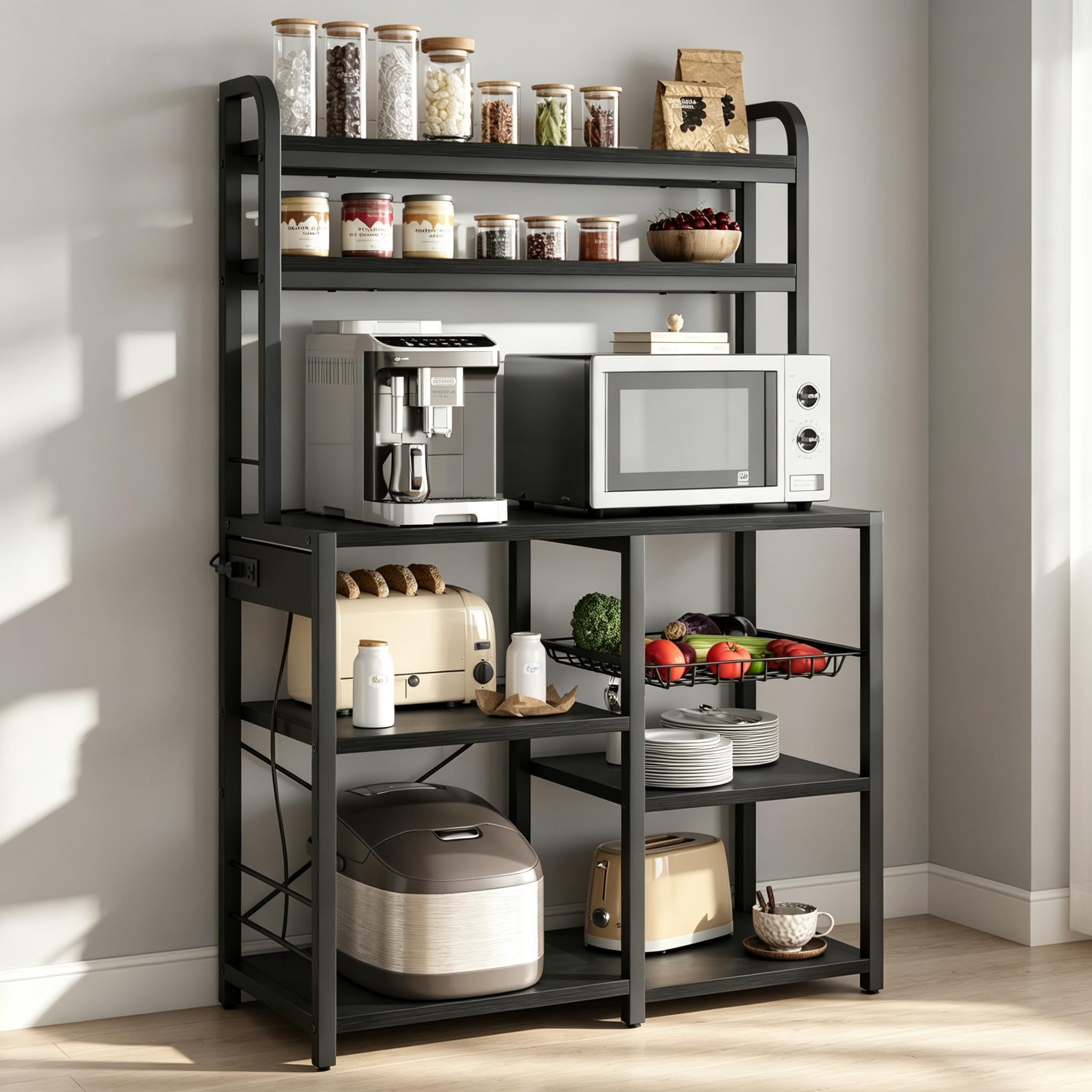 6-Tier Kitchen Baker's Rack with Power Outlet,Microwave Stand Shelves,Black