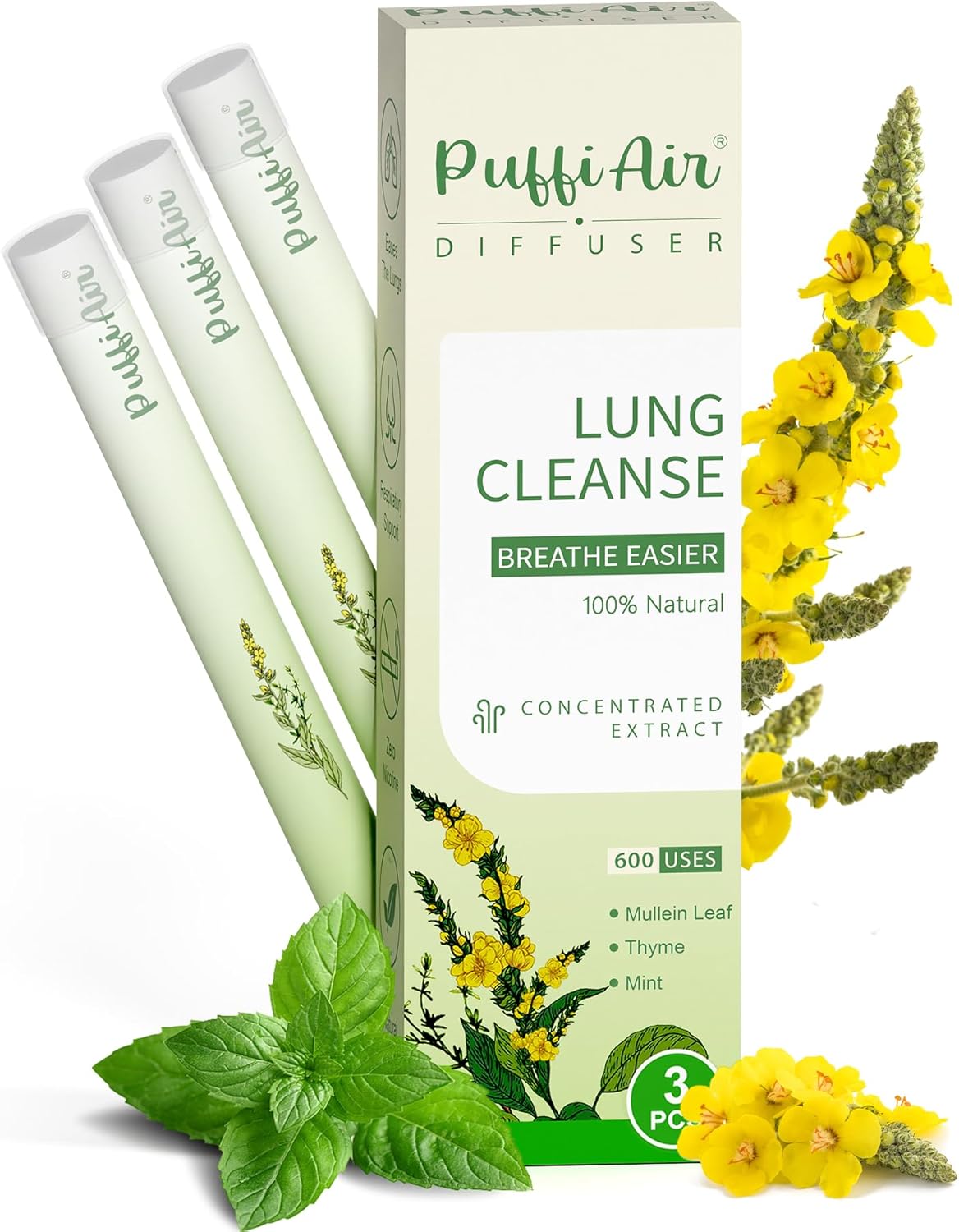 Puffiair Herbal Diffuser Pen, Mullein Flavoured Lung Cleanse Inhaler, 12cm No Nicotine Inhaler with Mullein, Thyme & Mint Extracts, Green 1800 Uses