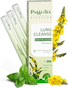 Puffiair Herbal Diffuser Pen, Mullein Flavoured Lung Cleanse Inhaler, 12cm Nicotine-Free Herbal Purifier with Mullein, Thyme & Mint Extracts, 1 Suction Nozzle, 1800 Uses