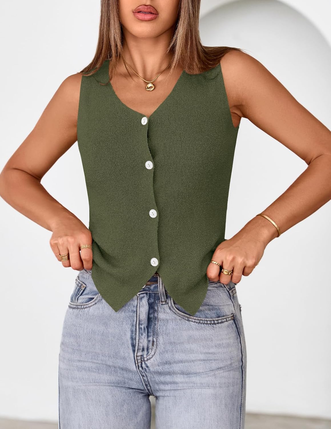 MEROKEETY Women's Sleeveless Sweater Vest 2026 Spring Summer Knit Tank Top Casual V Neck Button Waistcoat Cardigan - Image 3