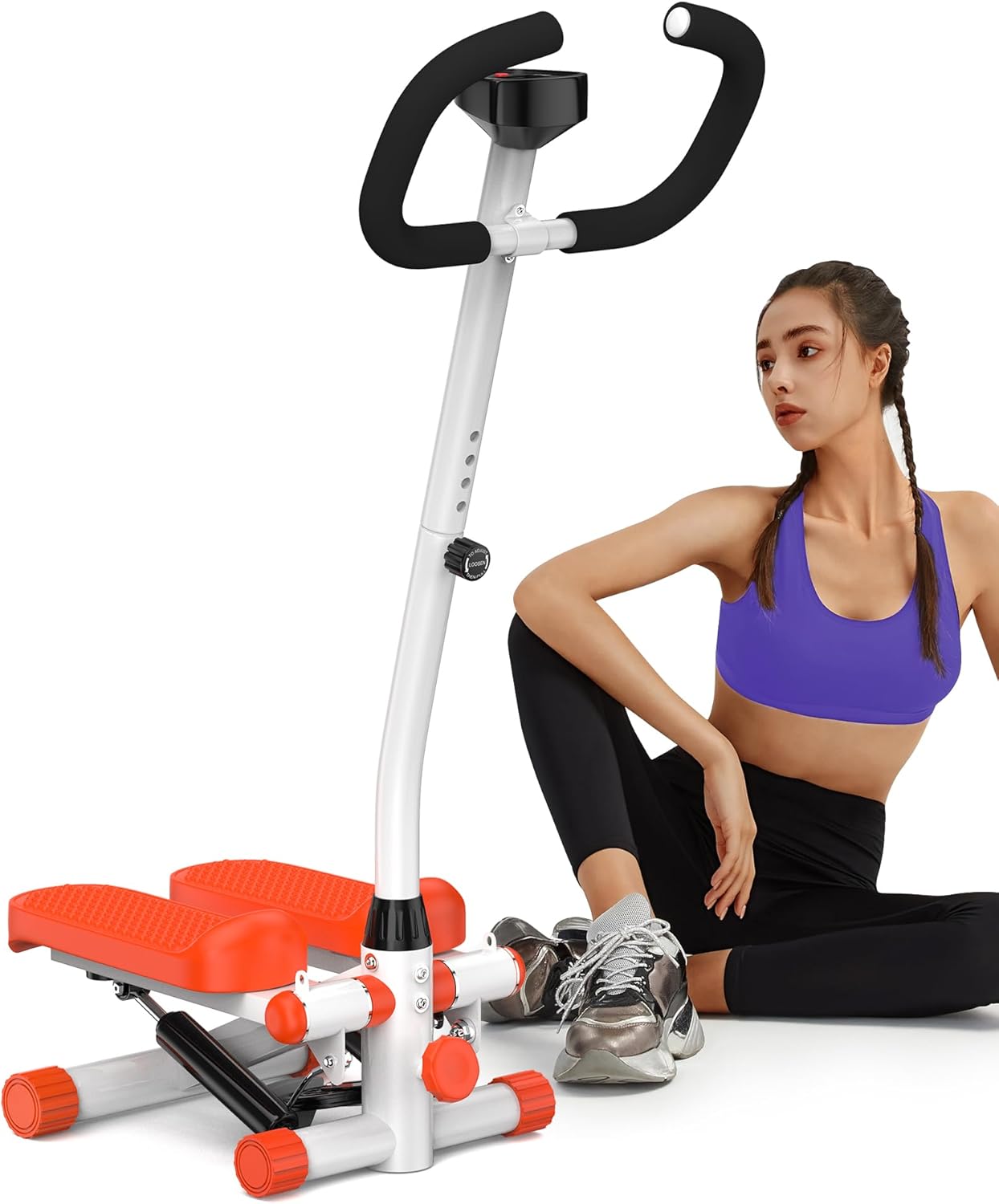 Amicus Mini Stepper for Exercise, Adjustable Height Hydraulic Stair Steppers with Resistance Band for Home, 330lbs Weight Capacity Stepper with Handlebar-Orange