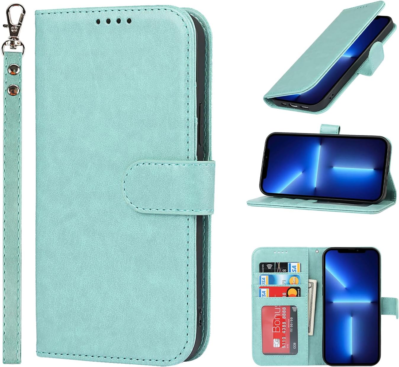 Sailor Tech iPhone 13 Pro Full Folio Flip Cases Cover with Card Slots Magnetic Closure Kickstand Wrist Strap Mint Green