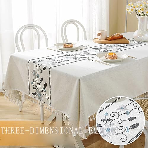 Miniatura 5 de LRSBDSRL Mantel rústico de lino de algodón con bordado de flores, impermeable, con borlas y rectangulares o cuadrados (Clematis azul gris, 55 x 70