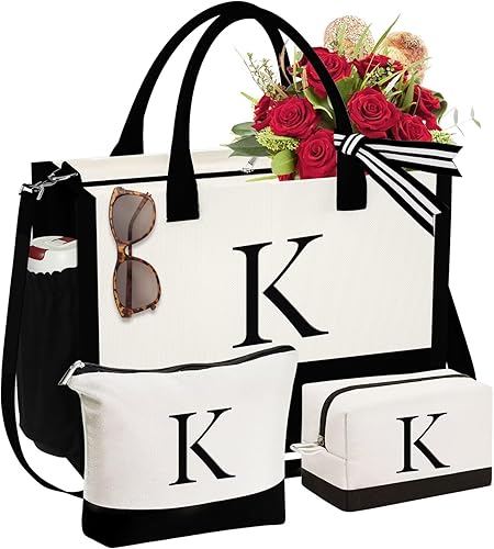 YOOLIFE Gifts for Women - Initial Canvas Tote Bag & Makeup Bag - Birthday Gifts For Best Friend