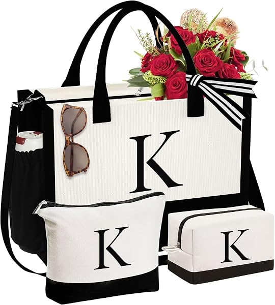 YOOLIFE Mothers Day Gifts - Initial Canvas Tote Bag & Makeup Bag, Birthday Gifts for Women Mom Sister Friends - 1