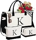 YOOLIFE Christmas Gifts for Women - Initial Canvas Tote Bag & Makeup Bag, Birthday Gifts for Women Mom Sister Friends