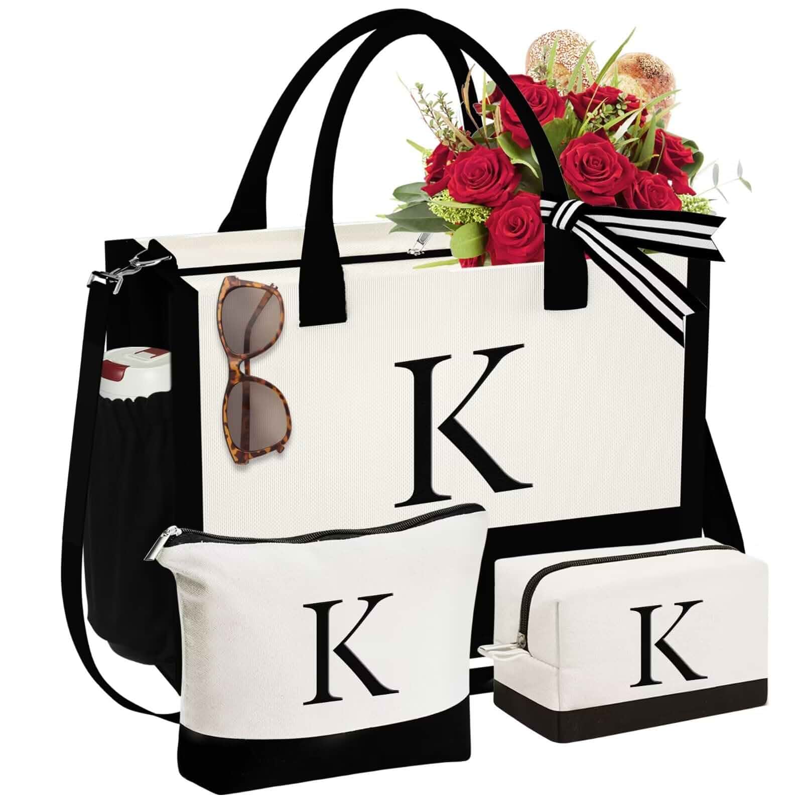 YOOLIFEGifts for Women - 3 Pcs Initial Canvas Tote Bag & Makeup Bags Birthday Gifts for Women Mom Daughter Sister Friends Girlfriend Her Grandma, Womens Monogrammed Canvas Tote Bag & Makeup Bags