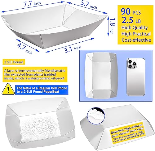 Miniatura 9 de MotBach 160 Pack 2.5lb Kraft Paper Food Trays, Disposable Paper Food Boat Heavy-Duty Food Serving Basket Tray for Snack Hot Dog French Fries Nachos