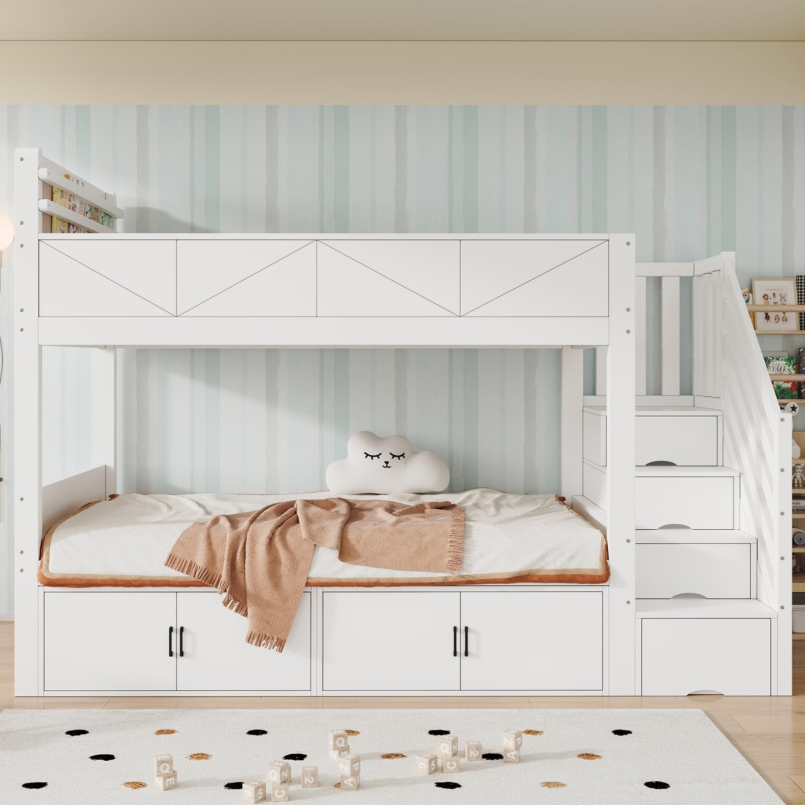 Sweiko Lit Superposé Enfant 90x200cm avec 4 Armoires, Escalier de Rangement