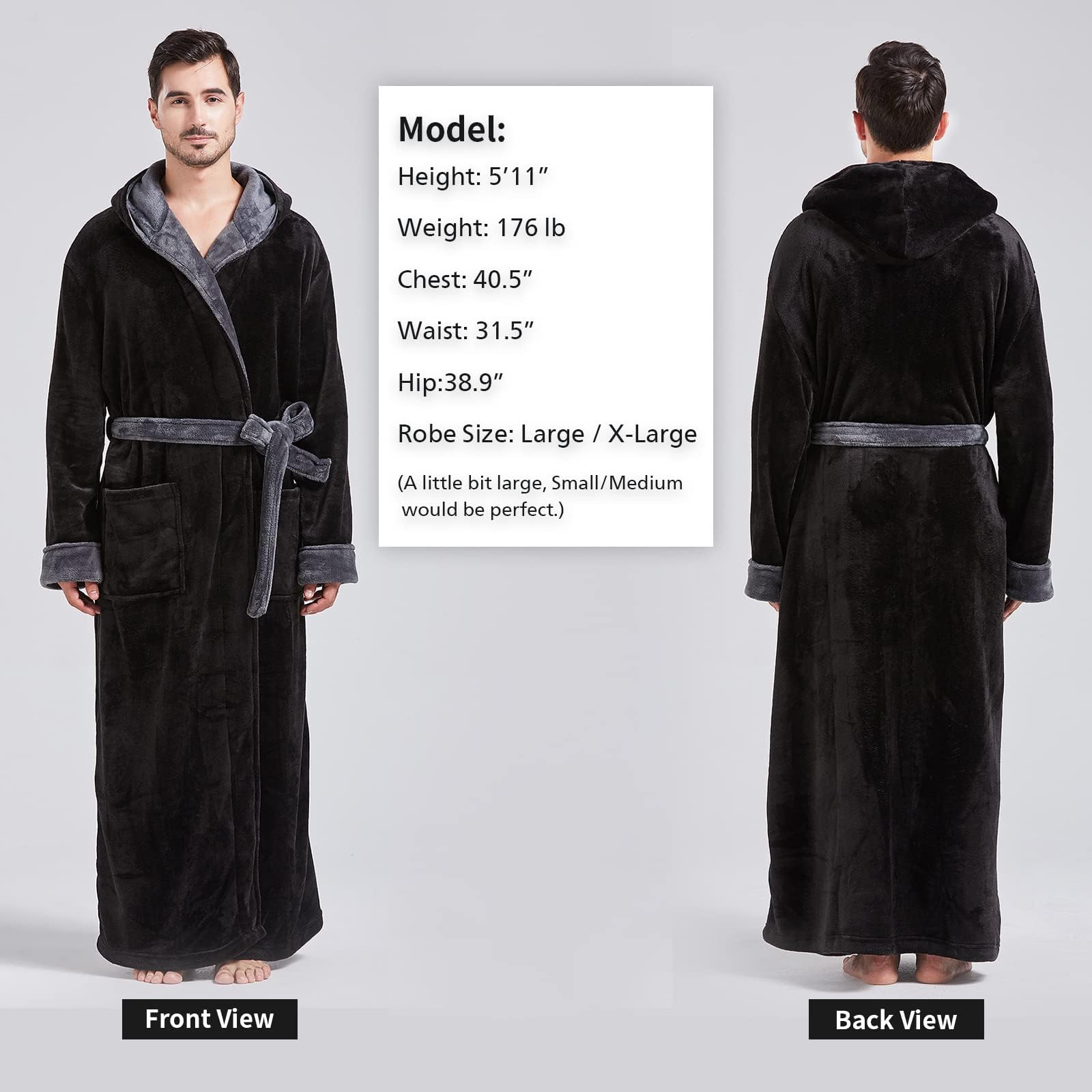 FashGudim Men's Hooded Plush Robe with Black Trim Full Length Plush Long Robe for Men Big and Tall Warm Fleece Bathrobes House Robes
