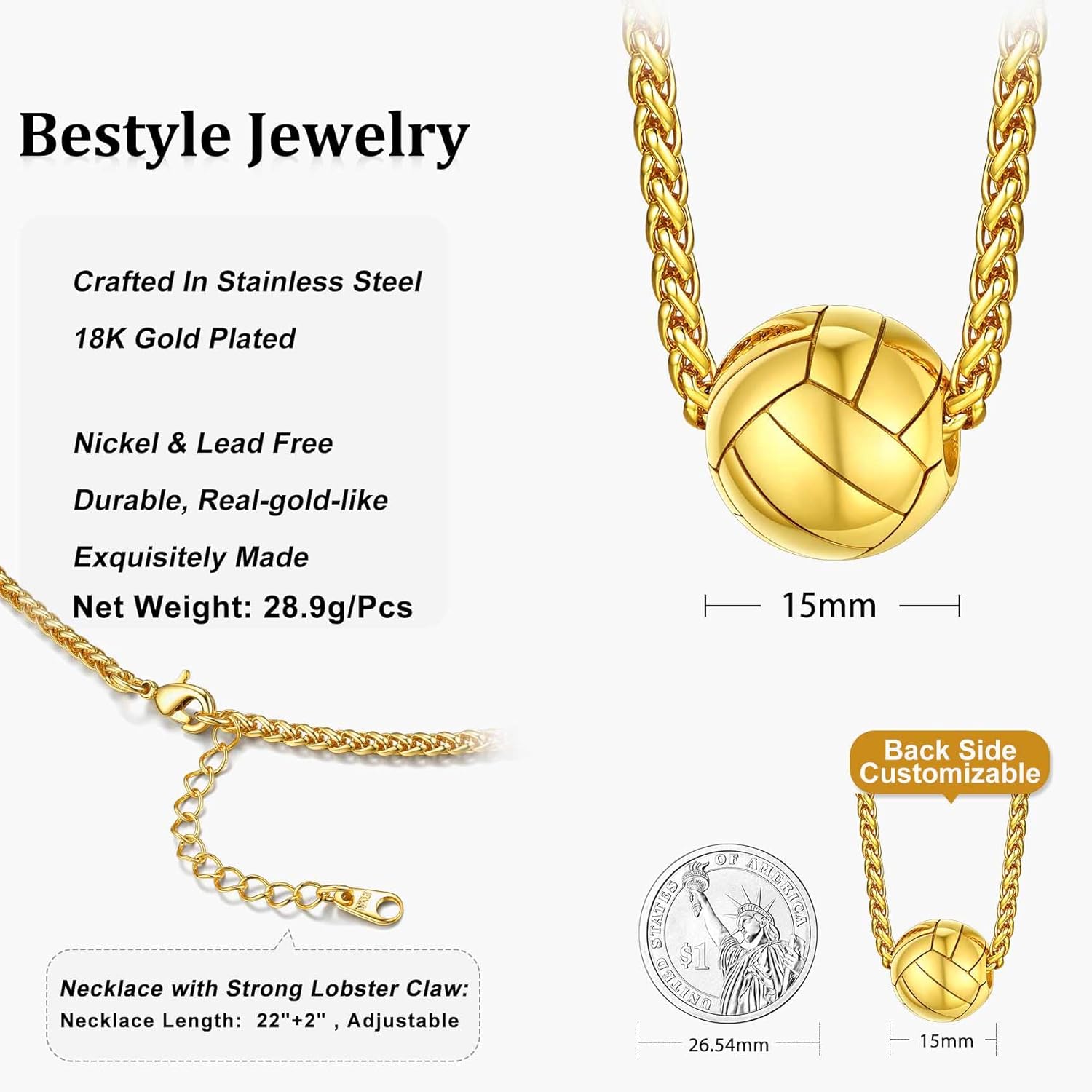 Bestyle Vivid Ball Pendants Sports Necklace for Men, Solid Stainless Steel Soccer/Basketball/Volleyball/Rugby Ball/Baseball Necklace in Silver/Black/Gold, Trendy Sport Fan Jewelry Collection Gift