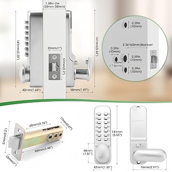 Full Mechanical Keyless Entry Door Handle Lock with Keypad,Single-Sided Push Button Combination Code Lever Lock,Auto Locking,Interior Hold-Opening,for Front Gate,No Battery(Pearl Chrome)