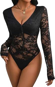 トップス josemoon SHEER BODY SUITS Sexyshine Women's Long Sleeve Lace Mesh Sheer Bodysuit