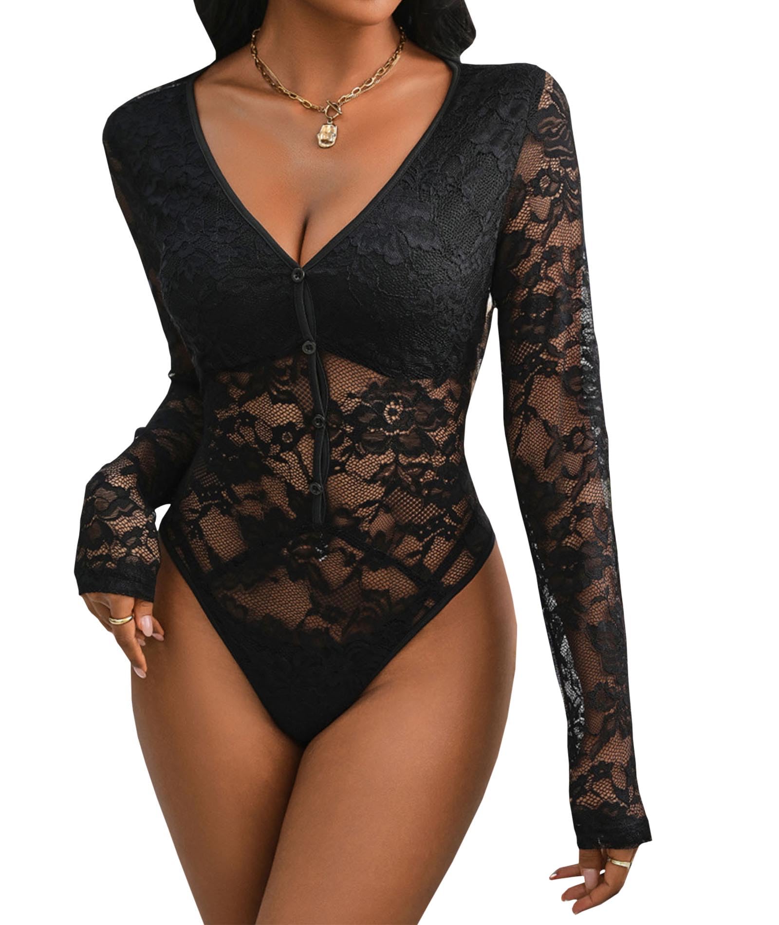 xxxiticatWomen's Long Sleeve Bodysuit Sheer Mesh See Through V Neck Button Down One Piece Black Floral Lace Jumpsuit