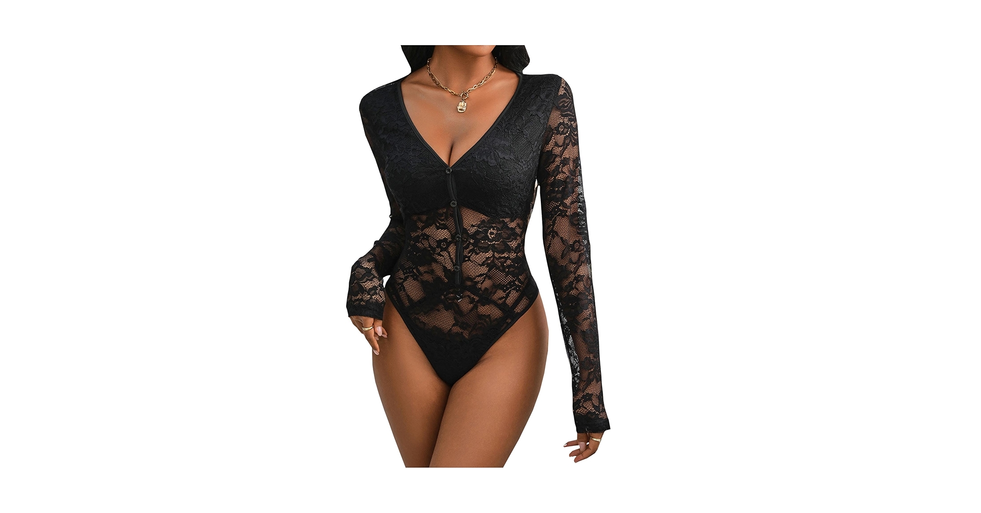 Sexyshine Women's Long Sleeve Lace Mesh Sheer Bodysuit