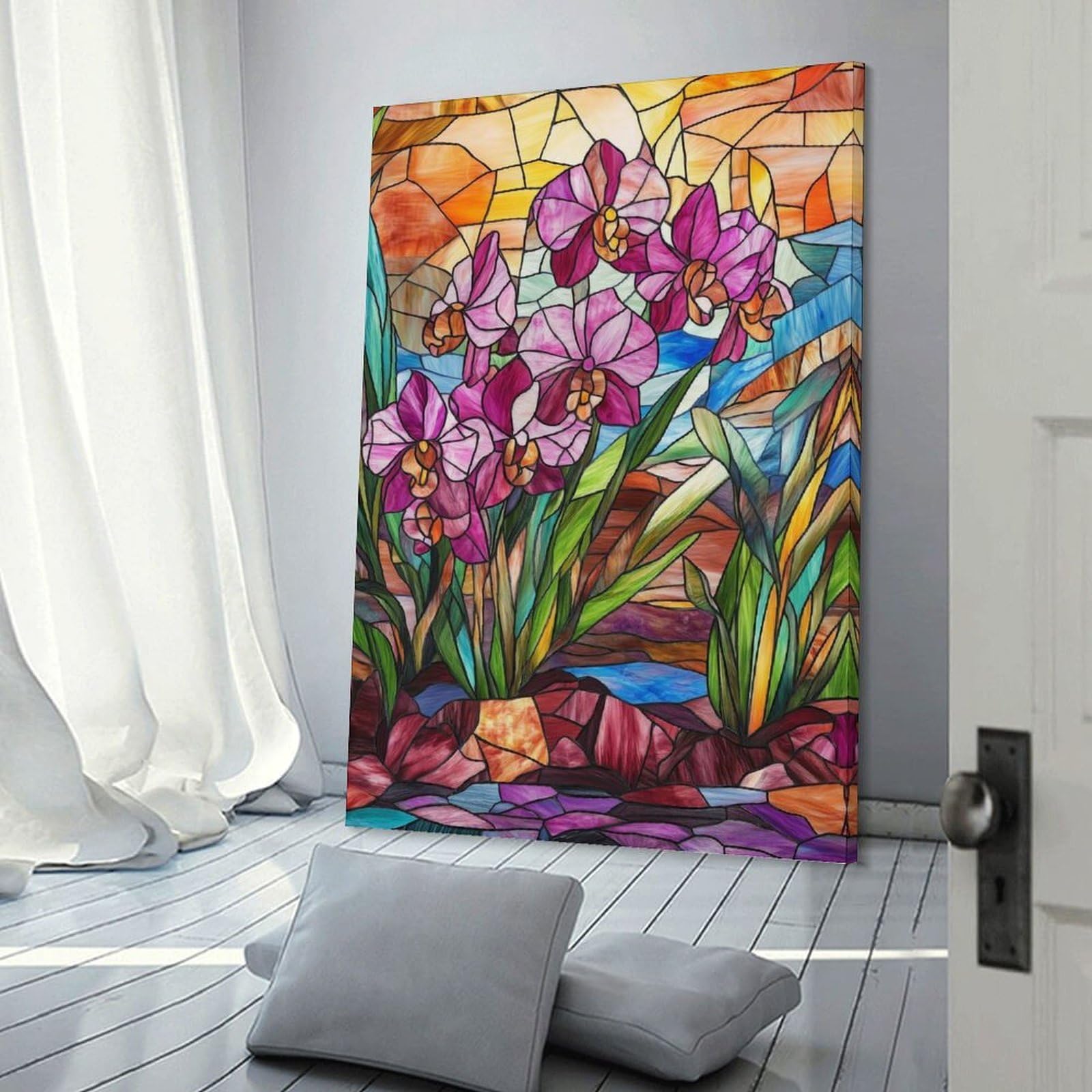 Junmoney Stained Glass Orchid Wall Art Print, 24x36inch(60x90cm), for Wall Displays, Bedrooms Or Room Updates, A Versatile Canvas Print for Layering