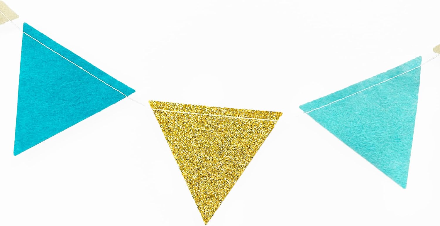 Teal and Gold Beige Party Decorations Aqua Glitter Gold Felt Hanging Triangle Mini Bunting Pennant Banner Flag for Turquoise Birthday Graduation Under the Sea Mermaid Party Decor Supplies image 4
