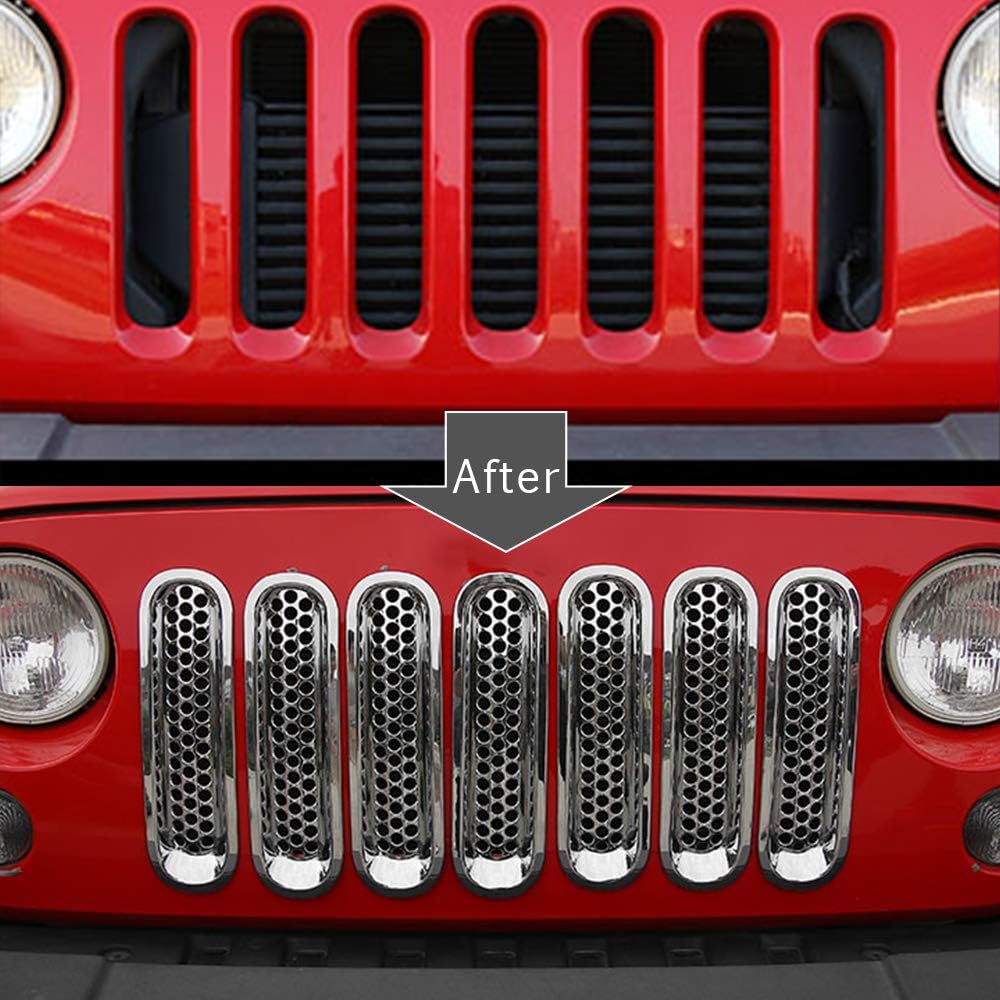 7 Pcs Front Mesh Grille Front Clip-in Grille Inserts Kit Compatible for Wrangler Rubicon Sahara JK 2007-2017 (Silver)