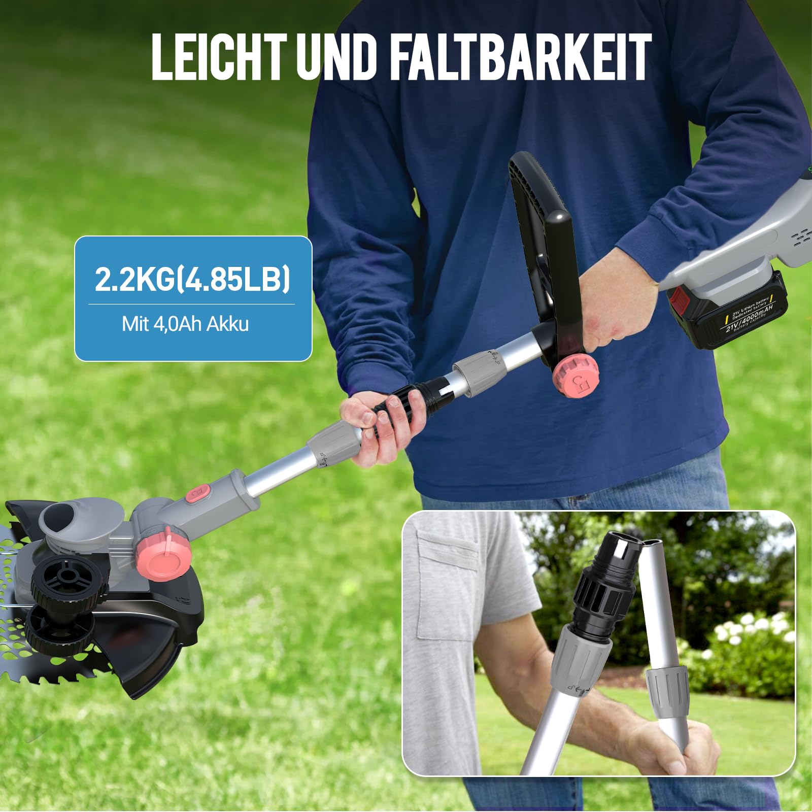 Desbrozadora con batería y cargador, 21 V, desbrozadora para batería Makita, incluye 2 baterías de 4,0 Ah, desbrozadora con cepillo para malas hierbas, cabezal giratorio 90°, para jardín (gris)