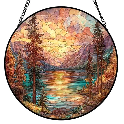 Acrylic Puzzle Stained Glass Style Window Hanging Suncatcher Mountain Sunset Lake View Colorful Acrylic Panel Sun Catcher for Home, Housewarming Gift 7.4 Inch