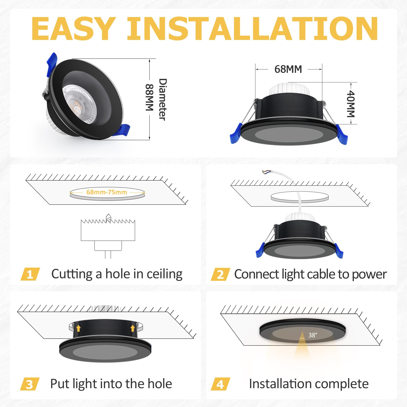 KYOTECH LED Einbaustrahler 230V IP65, 5W 500LM Deckenspots 68-75mm, Austauschbare Lichtquelle Ultra Flach 4000K Neutralweiß Spots Einbauleuchten für Badezimmer Küche Wohnzimmer, Schwarz Weiß 6er Set