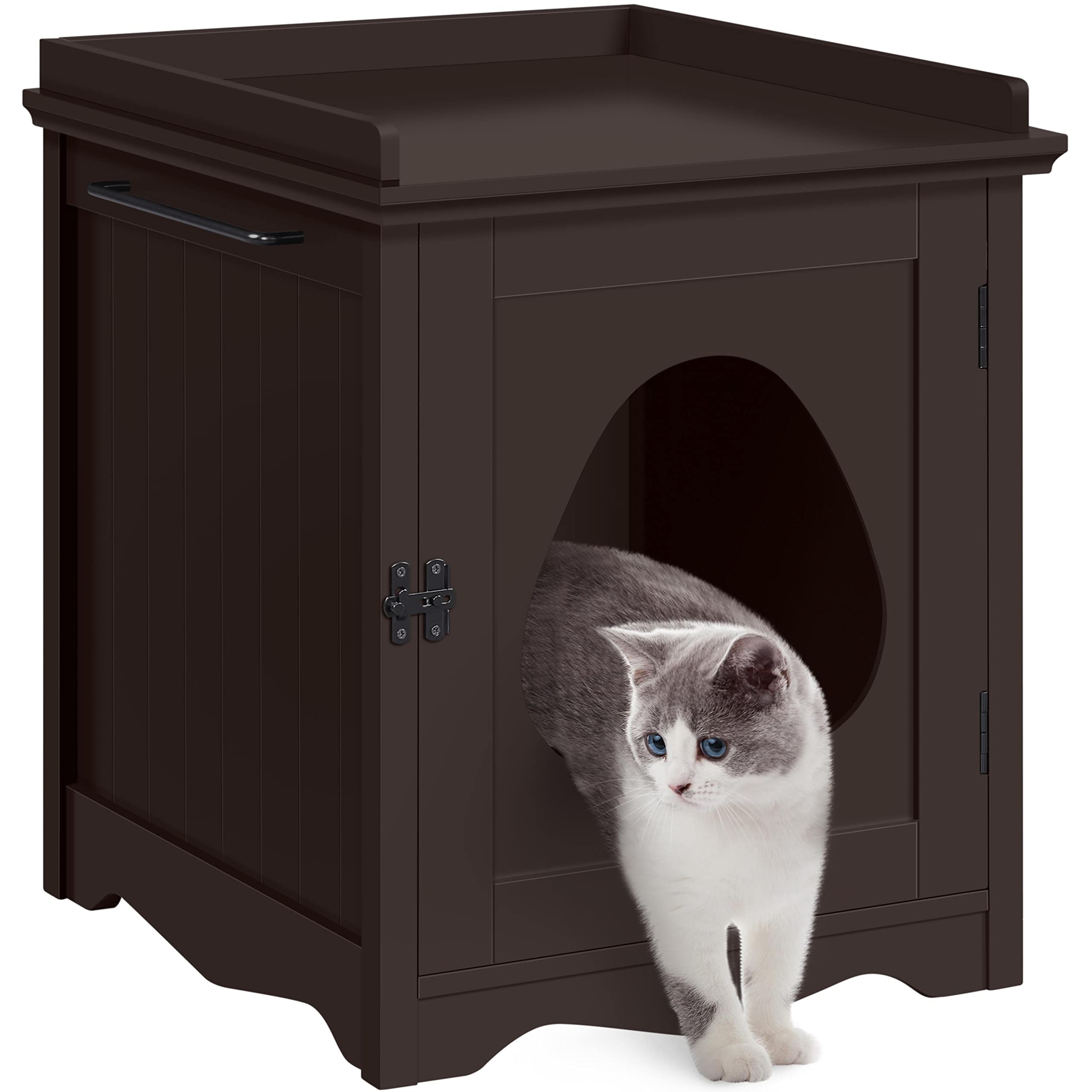 Yaheetech Cat Litter Box Enclosure, Hidden Litter Box Furniture with Side Towel Bar, Wooden Cat Washroom, Storage Cabinet, Indoor Pet House, Side Table Nightstand, Espresso