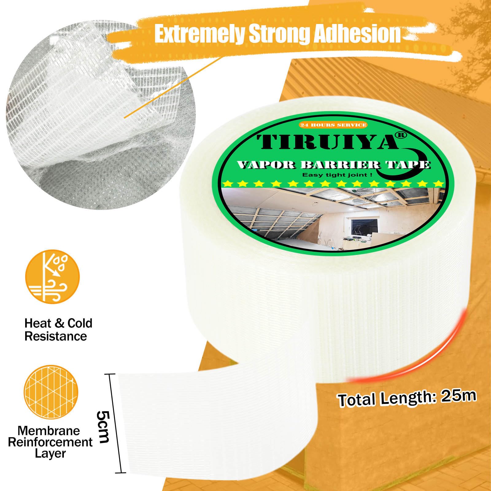 Nastro Adesivo per Barriera al Vapore, Nastro Adesivo Flessibile per Pellicola Barriera al Vapore, Freno a Vapore, Ultra Resistente ed Flessibile (5cm x 25m x 3 rotoli)