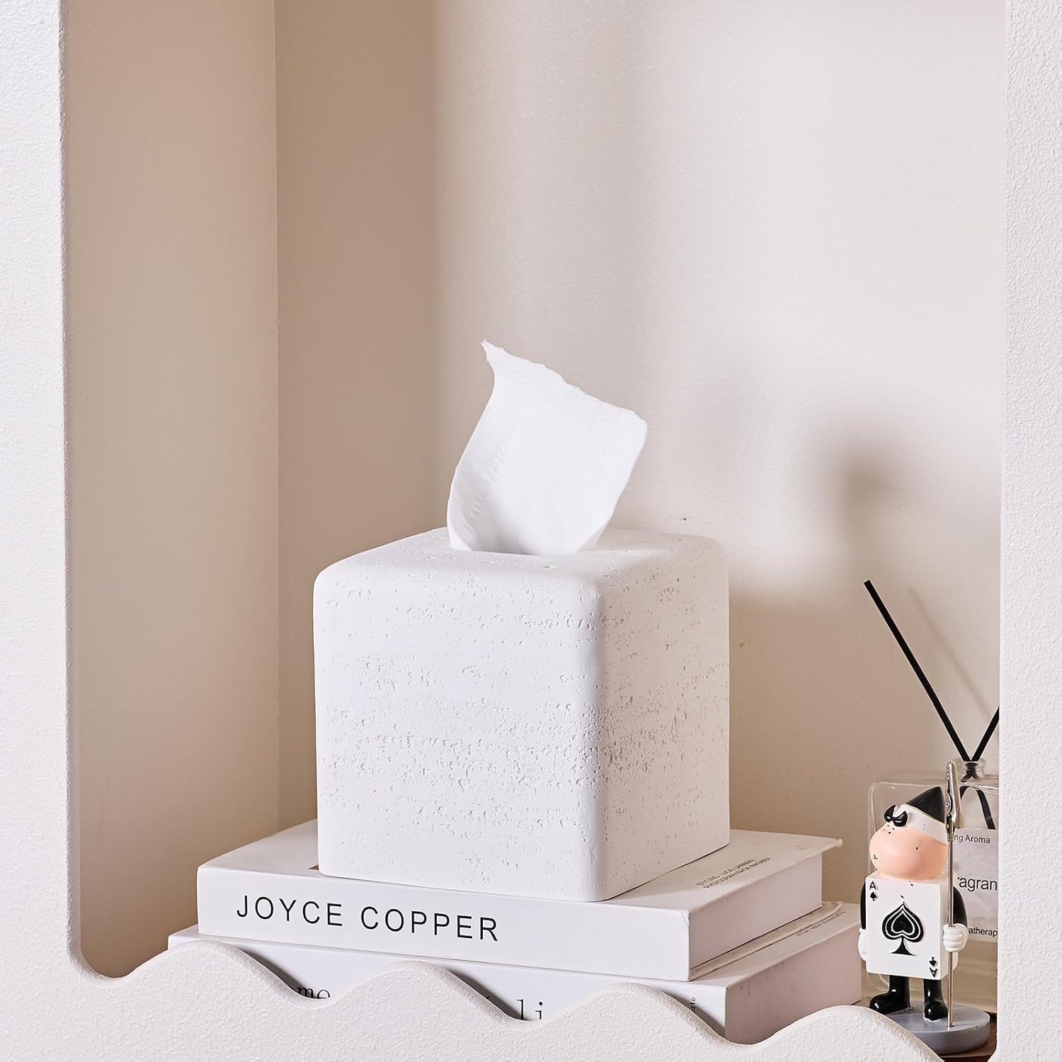 White Natural Travertine Textures Square Tissue Box Cover Holder, Resin Tissue Box Holder Decorative for Bathroom, Vanity, Kitchen Countertop, Bedroom Night Stands, Office Desk Top