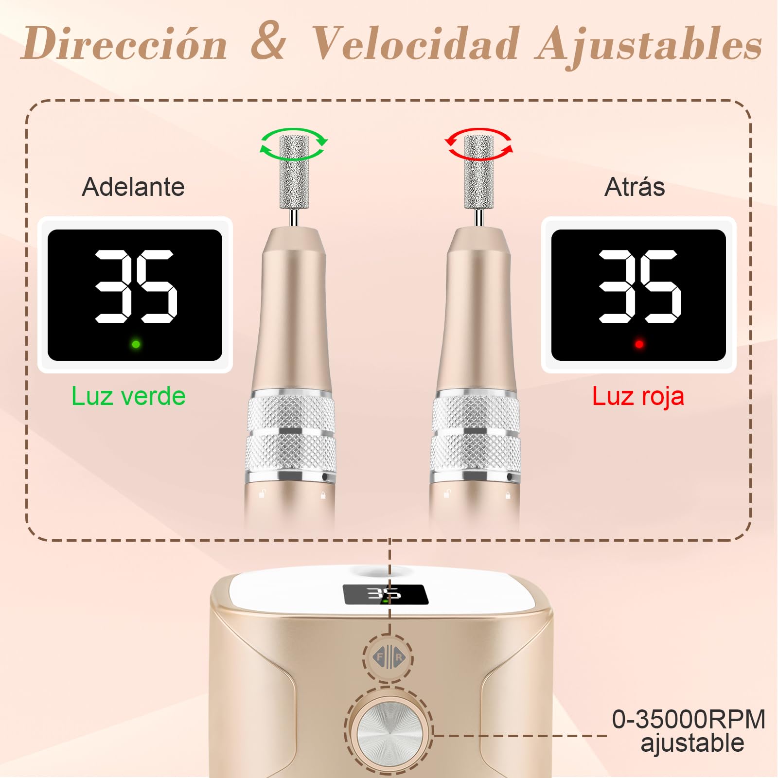 Kredioo Torno para Uñas Profesional 35000 RPM, Pulidor Uñas, Lima Electrica, Nail Drill, Set Manicura y Pedicura Electrico, Kit 11 Fresas Brocas, LED Tátil, Quitar Acrílico Gel/Esmalte/Callos, Oro