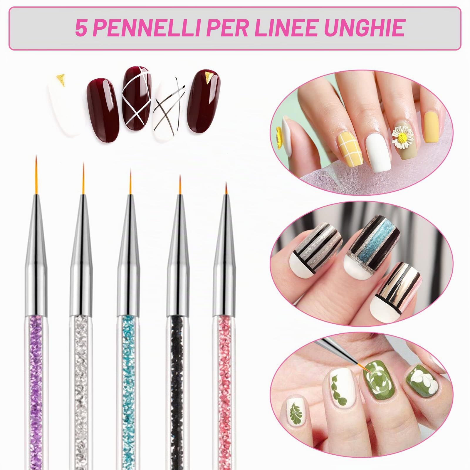 Sularpek 5 Pezzi Pennelli per Unghie, Pennelli Unghie Doppia Testa, Brush per Nail Art Penne dotter, Liner Pittura Pennello Set per DIY Disegno Decorazioni