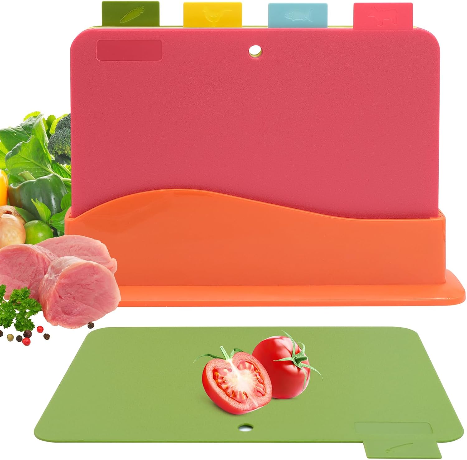 Set of 4 Chopping Boards for Kitchens, Flexible Plastic Cutting Board with Food Icons, Non Slip Chopping Board Mats with Storage Stand, Dishwasher Safe, BPA Free, 30 x 22 cm