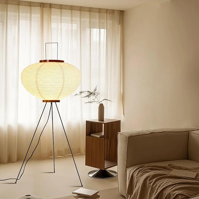 Buovikalo Paper Floor Lamp, Noguchi Style Paper Floor Lantern Lamp, Japanese Minimalist Akari Floor Lamp with 3-Color Temperature Standing Lamps Wabi Sabi Decor for Bedroom, Living Room(Bulb Included)